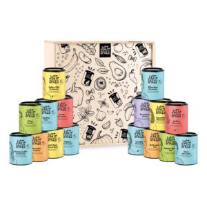 Just Spices Highlight Gewürzbox – 16 beliebte Gewürzmischungen, hochwertige Holzbox, Gewürzbox als Geschenkset