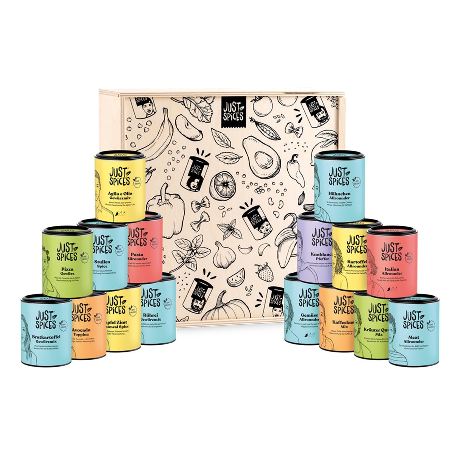 Just Spices Highlight Gewürzbox – 16 beliebte Gewürzmischungen, hochwertige Holzbox, Gewürzbox als Geschenkset